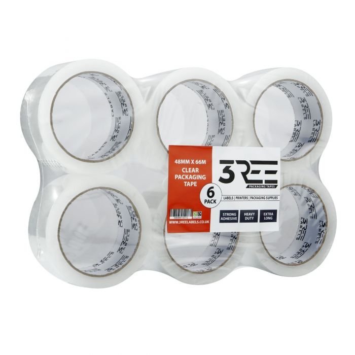 3REE Packaging Tape 48mm x 66m Clear Transparent Pack of 6