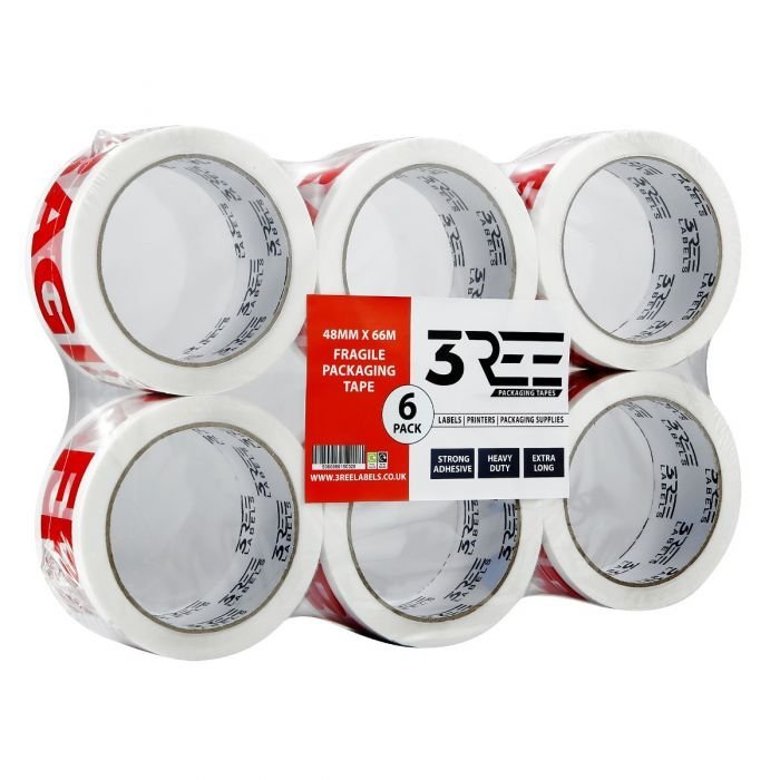 3REE Packaging Tape 48mm x 66m Fragile Pack of 6