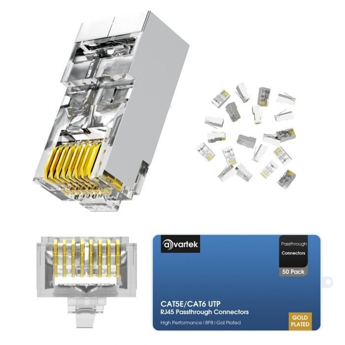 50 Pack RJ45 Pass Through Connectors Cat5, Ethernet RJ45 Plug for Cat5 / Cat5e UTP Solid & Stranded Network Cable